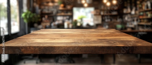 Closeup wooden table top surface with blurred cafe background.