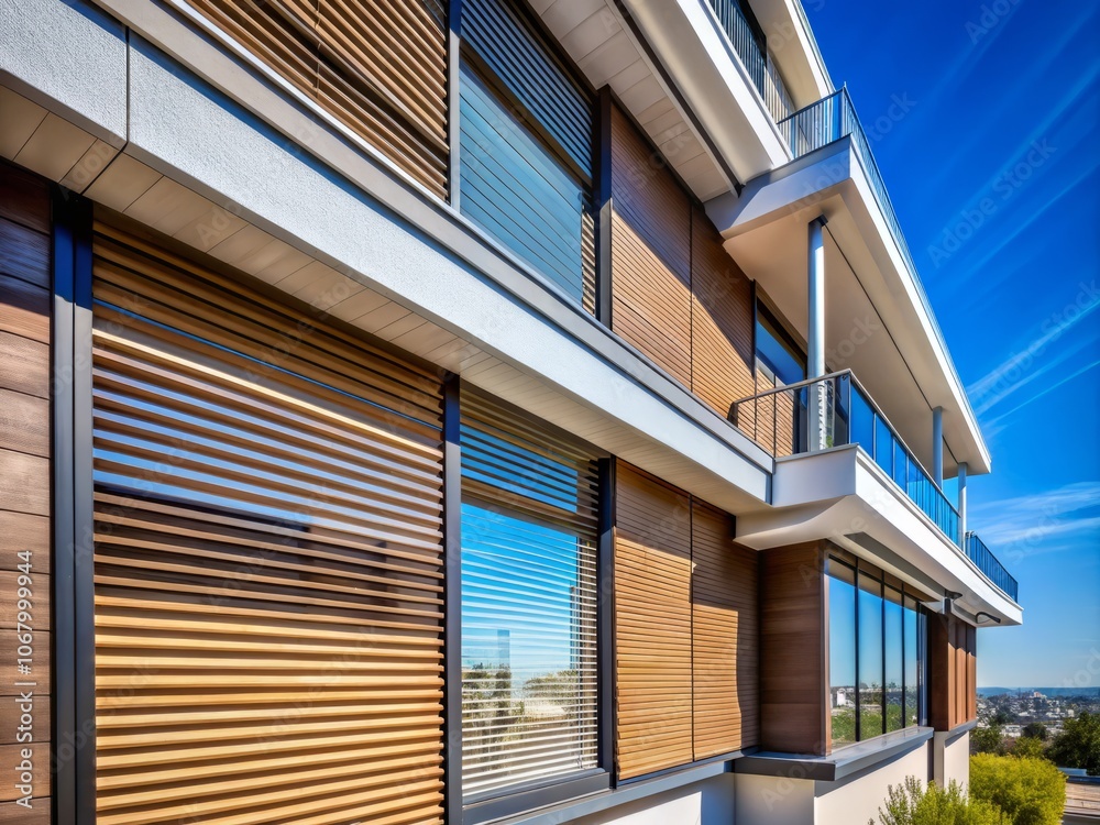 Modern Building Facade Featuring Macro Photography of Stylish Window Shutters and Fabric Roller Blinds Offering Sun Protection for Large Windows in Contemporary Architecture Modern Building Facade Featuring Macro Photography of Stylish Window Shutters and Fabric Roller Blinds Offering Sun Protection for Large Windows in Contemporary Architecture