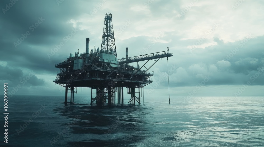 Offshore Oil Rig Under Dramatic Cloudy Sky Offshore Oil Rig Under Dramatic Cloudy Sky