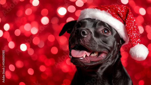 Adorable cute dog puppy wearing santa claus hat festive happy merry Christmas celebration fashion red green wallpaper background with copy space photo