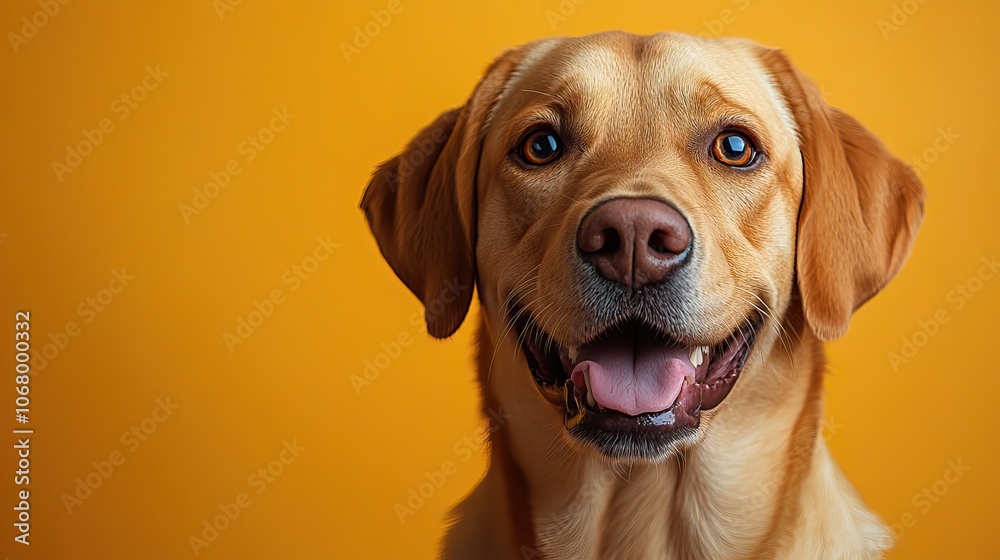 Happy labrador retriever dog on orange background, designed for pet care or training banners.