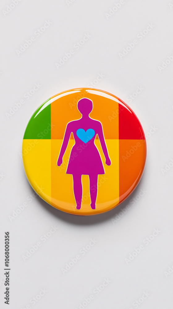colorful button badge with a female silhouette and a heart colorful button badge with a female silhouette and a heart