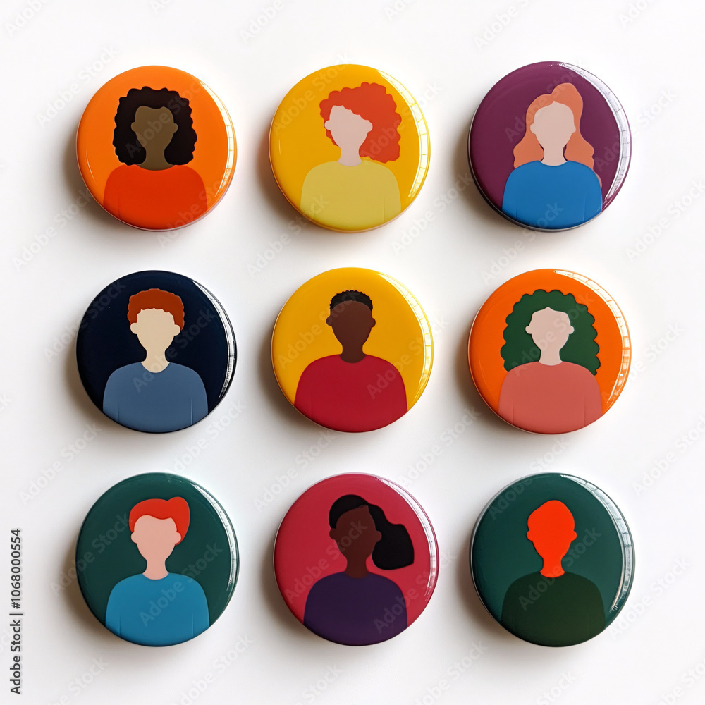 colorful round buttons with silhouettes of diverse people