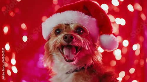 Adorable cute dog puppy wearing santa claus hat festive happy merry Christmas celebration fashion red green wallpaper background with copy space photo