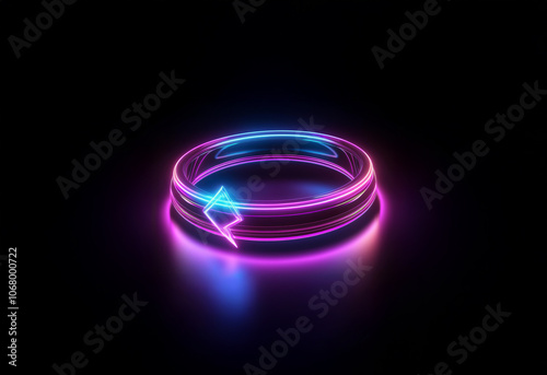 A glowing ring with blue and pink neon light, reflecting on a dark surface.