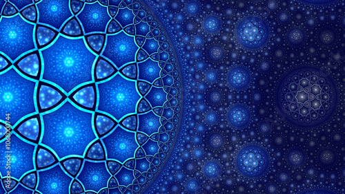 Infinite mosaic tile pattern abstract background. Mathematical uniform hyperbolic tiling of heptagons and triangles. Fractal art.