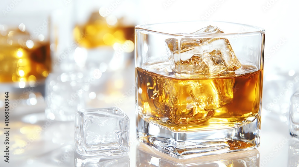 A close-up of a whiskey glass filled with ice cubes, showcasing a rich amber drink, perfect for a sophisticated atmosphere. A close-up of a whiskey glass filled with ice cubes, showcasing a rich amber drink, perfect for a sophisticated atmosphere.