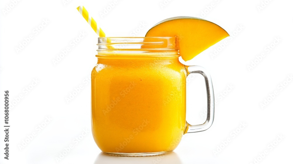 A fresh mango smoothie with a slice of mango on the rim, served in a mason jar, isolated on a white background A fresh mango smoothie with a slice of mango on the rim, served in a mason jar, isolated on a white background