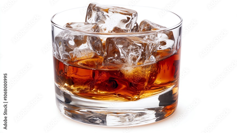 A close-up shot of a glass filled with whiskey and ice cubes, showcasing the rich color and refreshing look of the drink. A close-up shot of a glass filled with whiskey and ice cubes, showcasing the rich color and refreshing look of the drink.