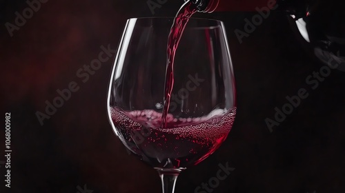 A close-up shot of red wine being poured into a glass, creating bubbles and showcasing rich color against a dark background. photo