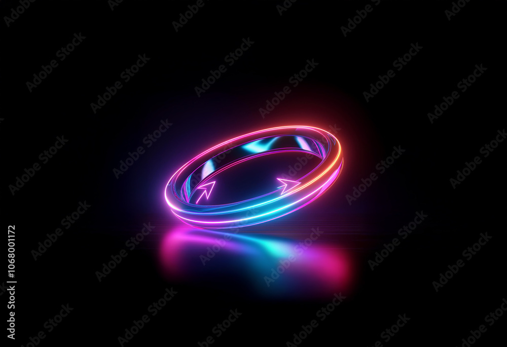 A glowing neon ring with blue and pink hues, reflecting on a dark surface. A glowing neon ring with blue and pink hues, reflecting on a dark surface.