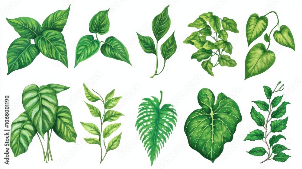 Botanical Illustrations of Various Green Leaves Botanical Illustrations of Various Green Leaves