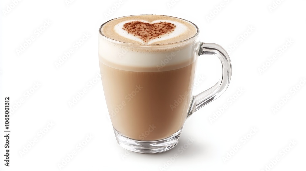 A frothy vanilla latte with a heart-shaped foam design, served in a glass cup, isolated on a white background A frothy vanilla latte with a heart-shaped foam design, served in a glass cup, isolated on a white background