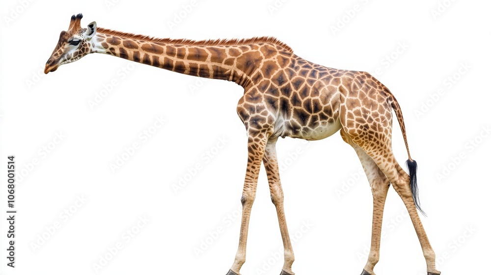Fototapeta premium A giraffe with its long neck extended, standing gracefully, isolated on a white background