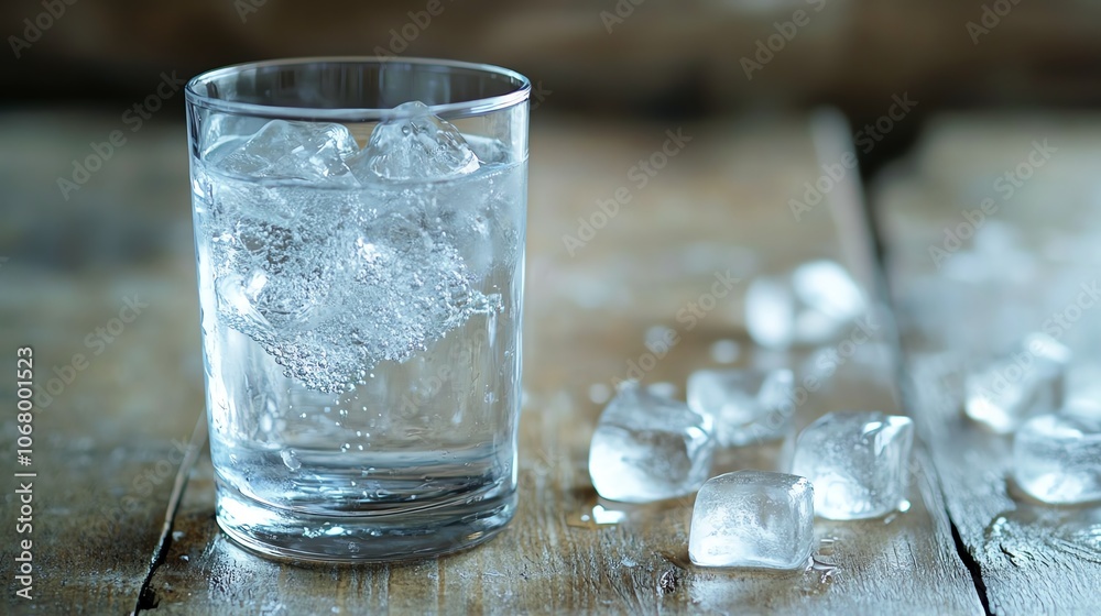 A refreshing glass of sparkling water with ice cubes on a rustic wooden surface, perfect for hydration and relaxation.