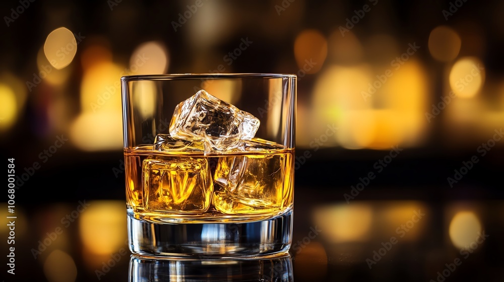 A refreshing glass of whiskey with ice, beautifully captured against a blurred bar background, perfect for beverage themes. A refreshing glass of whiskey with ice, beautifully captured against a blurred bar background, perfect for beverage themes.
