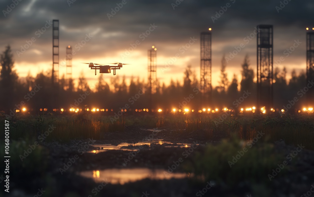 A drone flies over an industrial landscape at sunset, surrounded by oil rigs and a tranquil, reflective pond amidst lush greenery. A drone flies over an industrial landscape at sunset, surrounded by oil rigs and a tranquil, reflective pond amidst lush greenery.