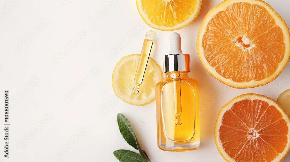 A glass bottle of vitamin C serum with a dropper, isolated on a white background A glass bottle of vitamin C serum with a dropper, isolated on a white background