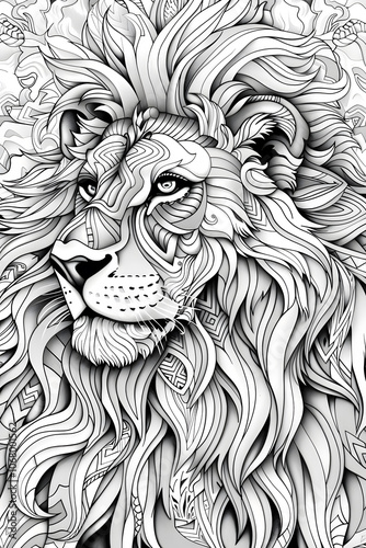 A blackandwhite illustration of a lion with a long mane, set against a backdrop of a stylized plant and tree pattern. The lions mane resembles a beard, adding a unique touch to the art style