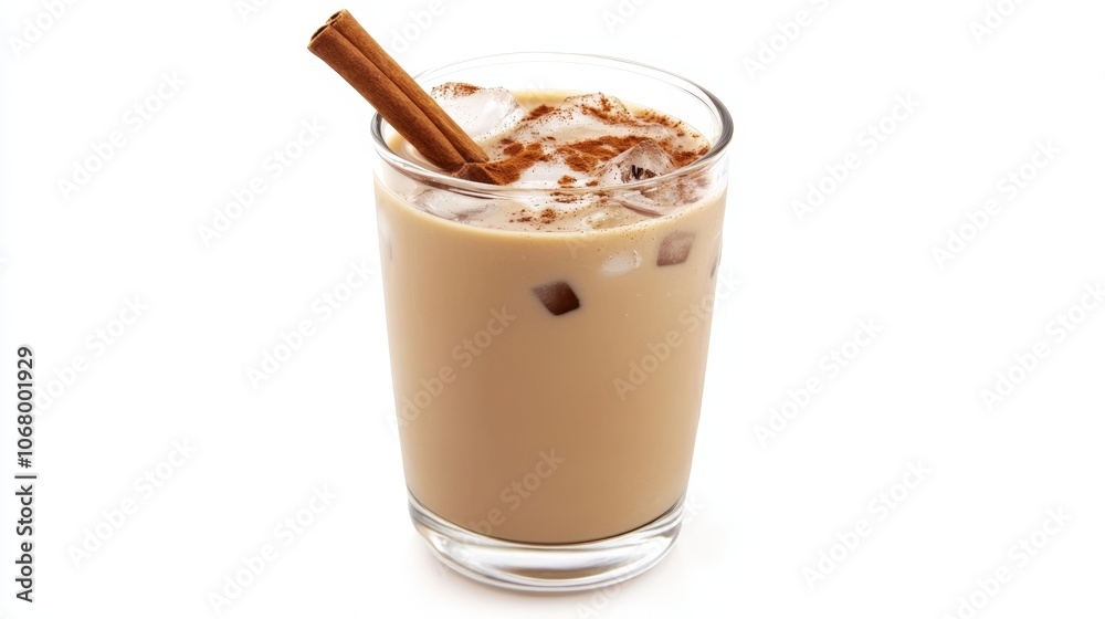 A glass of refreshing iced chai latte with a cinnamon stick, isolated on a white background A glass of refreshing iced chai latte with a cinnamon stick, isolated on a white background