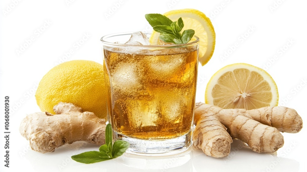 A glass of refreshing ginger ale with ice and lemon slices, isolated on a white background A glass of refreshing ginger ale with ice and lemon slices, isolated on a white background