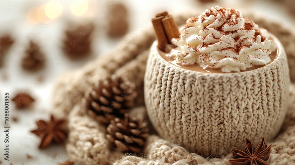 Hot cocoa with cinnamon in a cozy Christmas setting, perfect for a hygge-inspired holiday design or seasonal menu. Hot cocoa with cinnamon in a cozy Christmas setting, perfect for a hygge-inspired holiday design or seasonal menu.