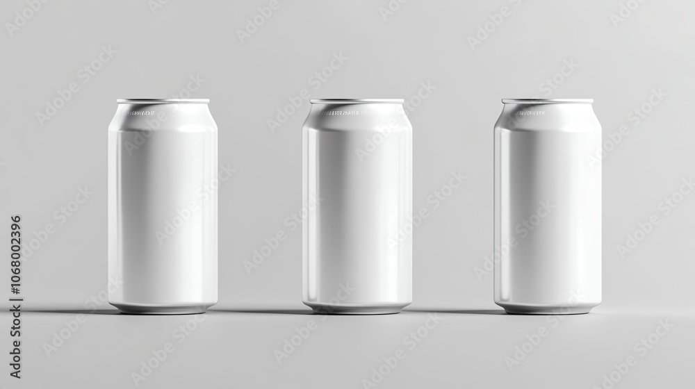 Three identical blank cans on a minimalistic background, perfect for branding or product placement. Three identical blank cans on a minimalistic background, perfect for branding or product placement.