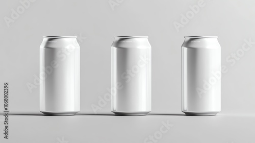 Three identical blank cans on a minimalistic background, perfect for branding or product placement.