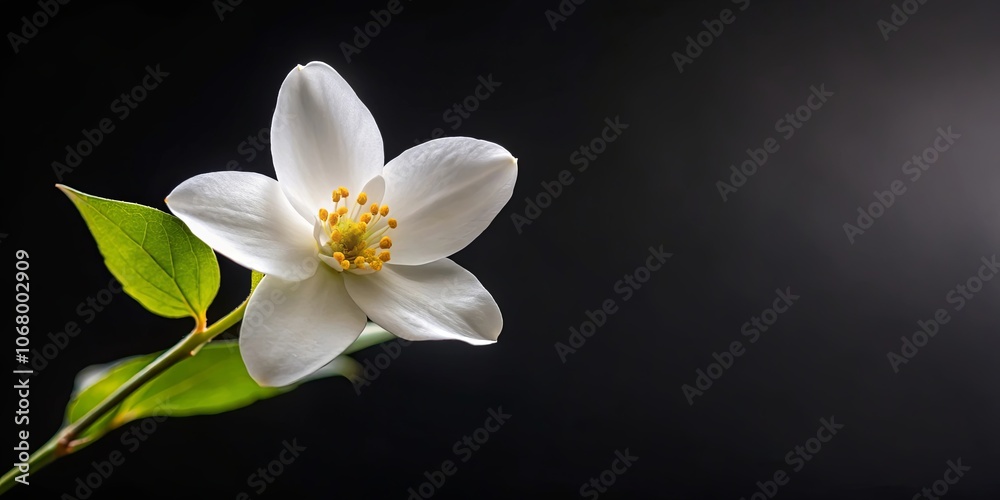 A single delicate white blossom with a yellow center against a dark background, showcasing the subtle beauty of nature's artistry. A single delicate white blossom with a yellow center against a dark background, showcasing the subtle beauty of nature's artistry.