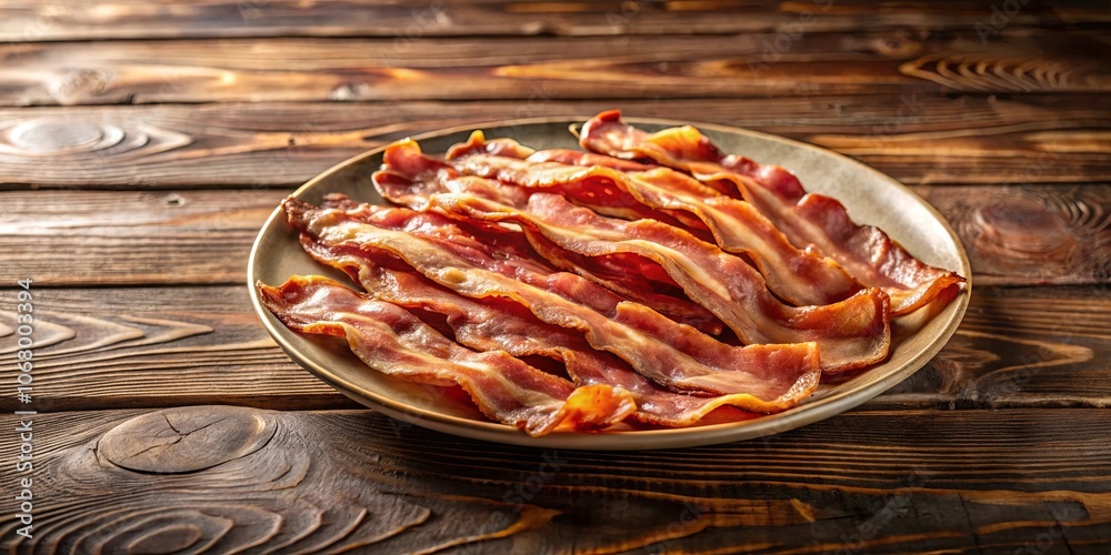 A plate of crispy bacon strips arranged on a wooden surface.  The bacon is cooked to a golden brown, and the fat has rendered out, giving it a delicious and juicy texture.