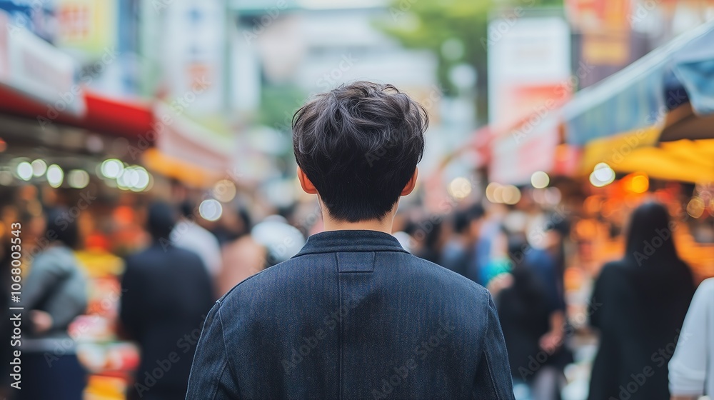 Man Exploring a Bustling Market Scene Man Exploring a Bustling Market Scene
