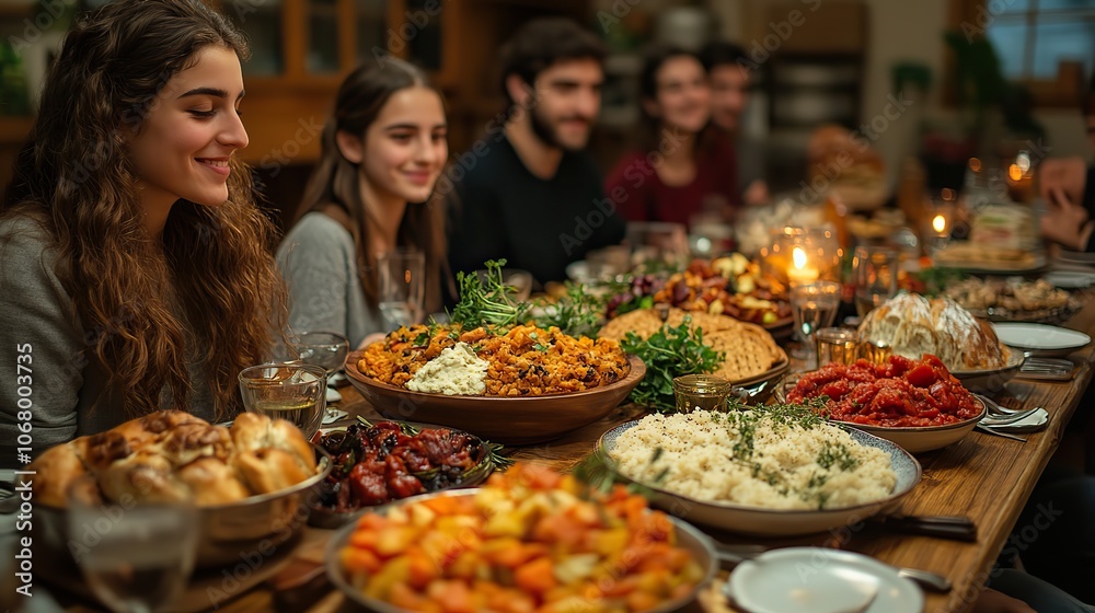 Jewish family gathered for Passover dinner, celebrating traditional meals and cultural heritage at the seder table. Jewish family gathered for Passover dinner, celebrating traditional meals and cultural heritage at the seder table.