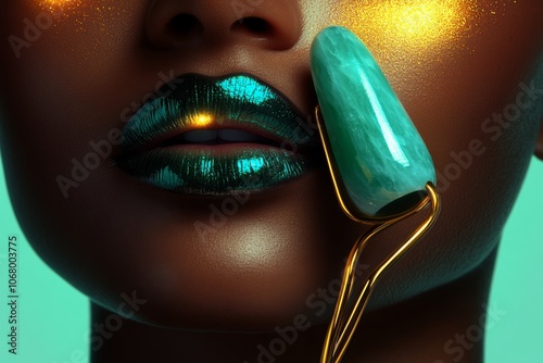 Illustration of a personâ€™s face with a jade roller and glow effects, on a clean white background to emphasize skincare