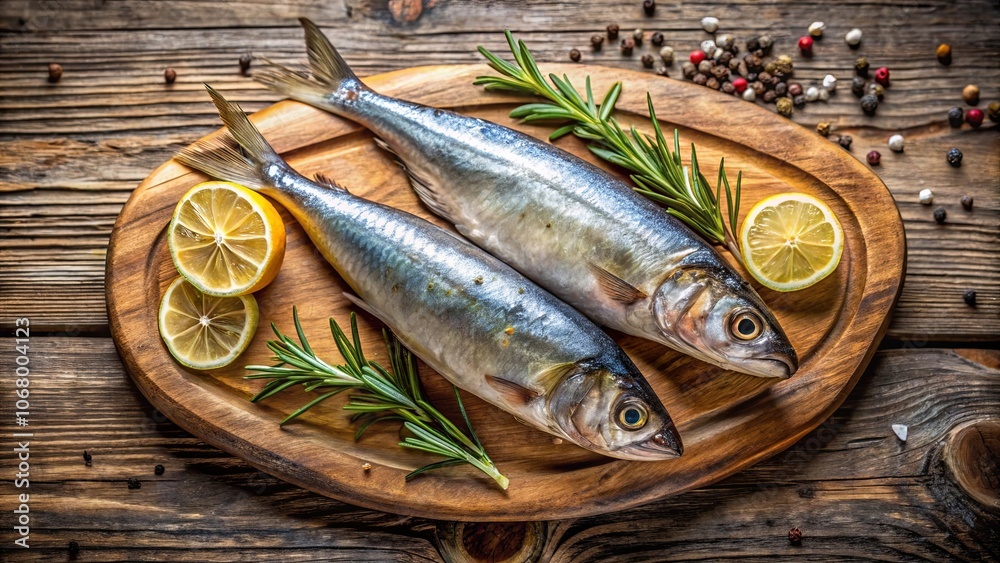 Aromatic Freshly Caught Fish on a Rustic Wooden Cutting Board with Lemon Slices and Rosemary Sprigs Aromatic Freshly Caught Fish on a Rustic Wooden Cutting Board with Lemon Slices and Rosemary Sprigs