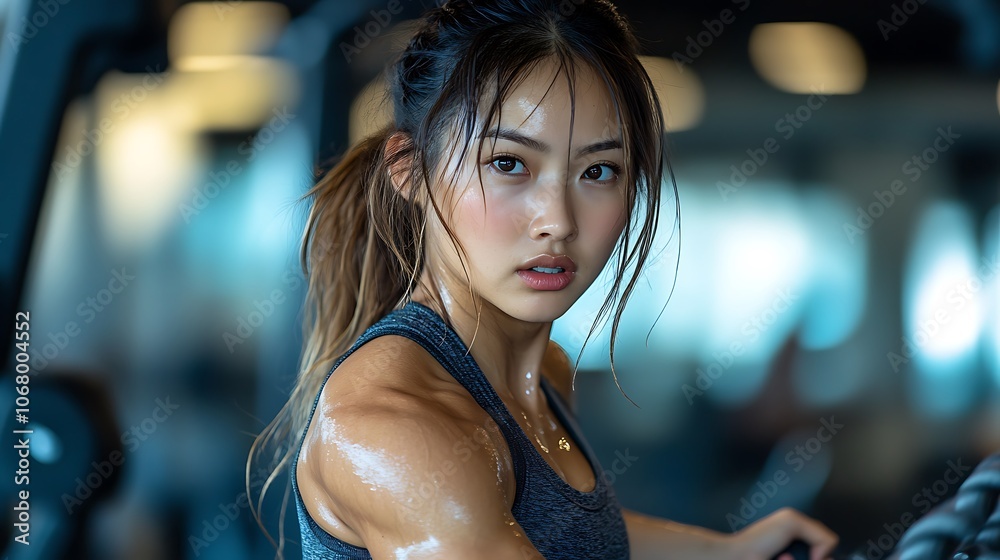 Fototapeta premium A side view of an Asian woman performing intense battle rope exercises, gym background with subtle blur on weights and machines, bright overhead lighting casting dynamic shadows,