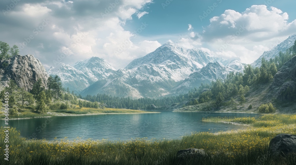 Naklejka premium A beautiful mountain range with a lake in the foreground. - ai