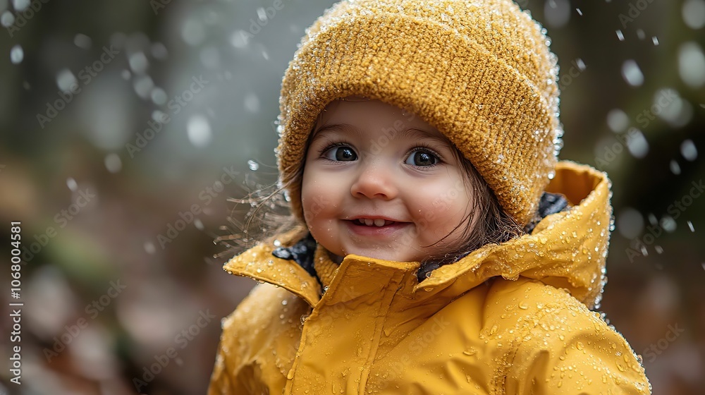 Little girl playing in the rain wearing a yellow coat, representing outdoor fun and family walks. Little girl playing in the rain wearing a yellow coat, representing outdoor fun and family walks.