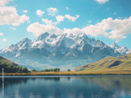 A beautiful mountain range with a lake in the foreground. - ai