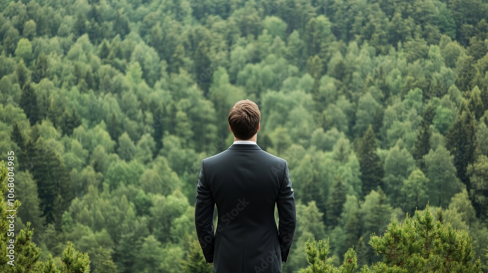 Businessman Overlooking Lush Green Forest Landscape Businessman Overlooking Lush Green Forest Landscape