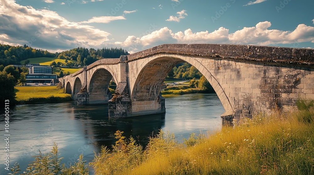 Fototapeta premium Historic Stone Bridge Over Serene River Landscape
