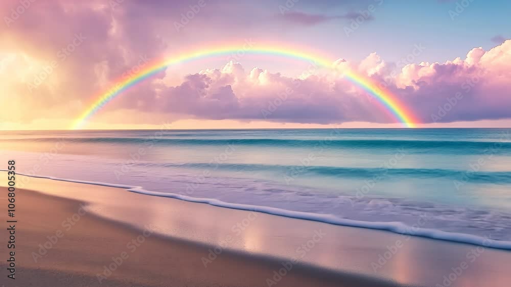 A vibrant rainbow arches over the calm ocean waves during a picturesque sunset