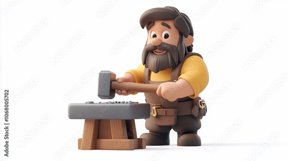 A 3D cartoon blacksmith with a beard and a yellow shirt, using a hammer to work metal on an anvil. A 3D cartoon blacksmith with a beard and a yellow shirt, using a hammer to work metal on an anvil.
