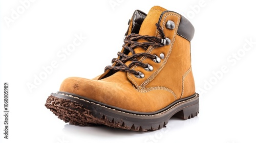 A pair of steel-toe construction boots with mud on the soles, isolated on a white background