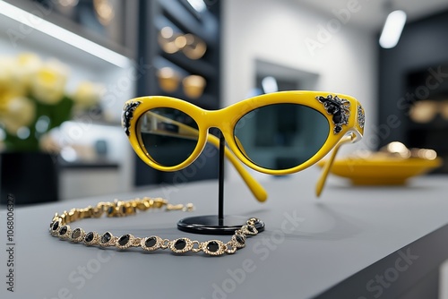 Stylish retro accessories like sunglasses and jewelry on a vintage store counter photo