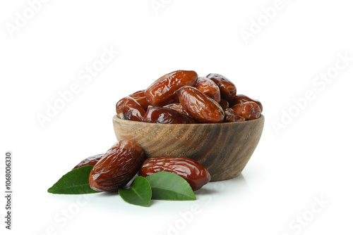 Bowl with dried dates isolated on white background