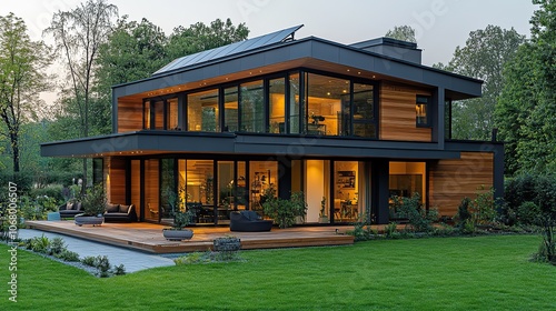 Modern eco-house with solar panels on the roof, showcasing energy-efficient housing concepts for green energy and sustainability.