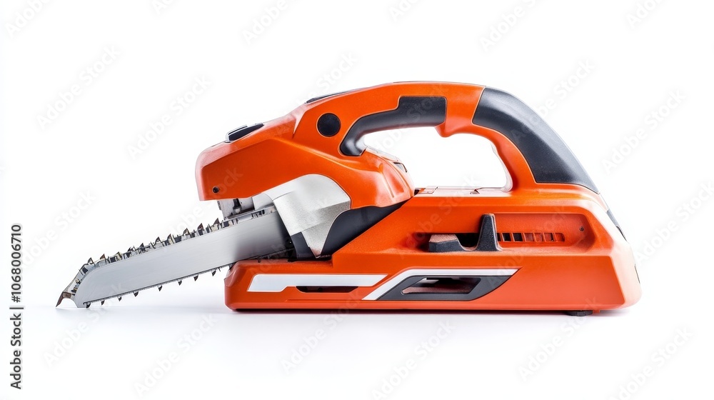 A portable power saw on a construction site table, isolated on a white background A portable power saw on a construction site table, isolated on a white background