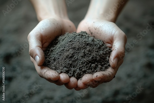 Farmer’s hands holding soil or freshly harvested crops against a plain backdrop, with copyspace around the edges photo