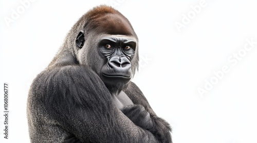 A powerful gorilla standing tall, beating its chest, isolated on a white background photo