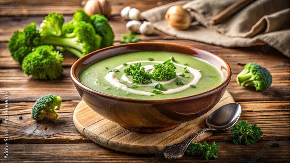 Creamy Green Soup with Swirls of Whipped Cream and Garnish of Fresh Herbs on a Rustic Wooden Table Creamy Green Soup with Swirls of Whipped Cream and Garnish of Fresh Herbs on a Rustic Wooden Table